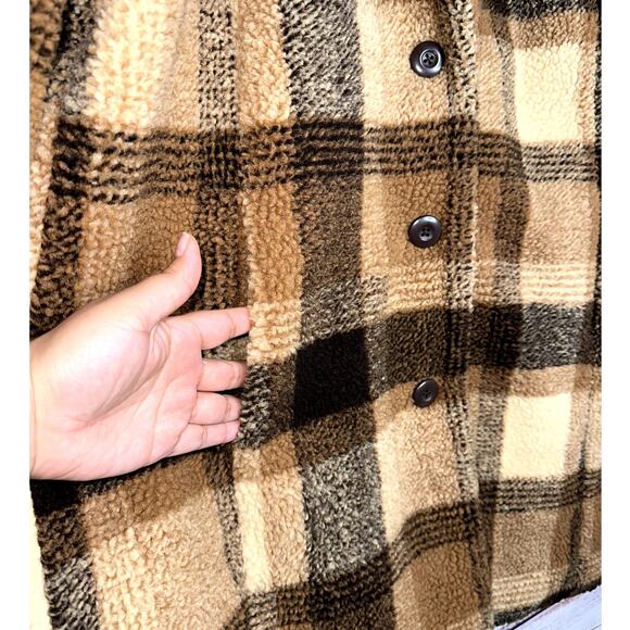 American Eagle Outfitters Brown Plaid Sherpa Teddy Coat Pockets Size Large - Picture 7 of 10
